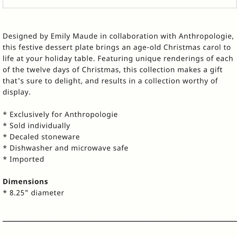 Anthropologie Emily Maude 12 Days of Christmas Pipers Pipping Dessert Plate